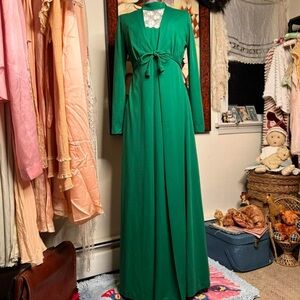 Vintage 1960s Mid Mod 2 piece maxi dress and duster set in emerald green